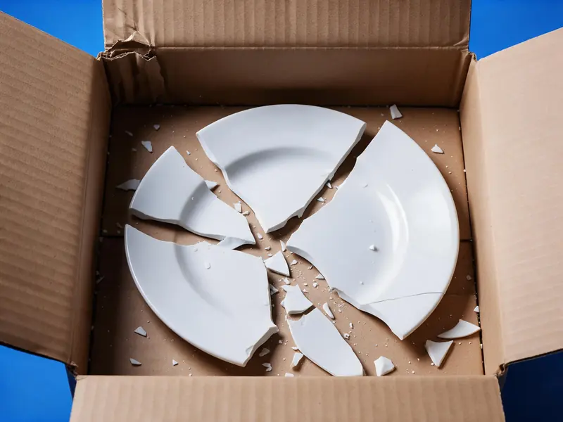 Plato de cerámica roto en pedazos dentro de una caja de cartón sin protección y con una esquina aplastada