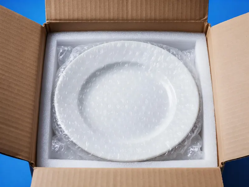Plato de cerámica intacto dentro de una caja, envuelto en burbuja y rodeado de polifoam