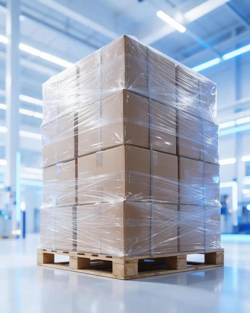 Tarima con cajas de cartón aseguradas con película stretch y fleje