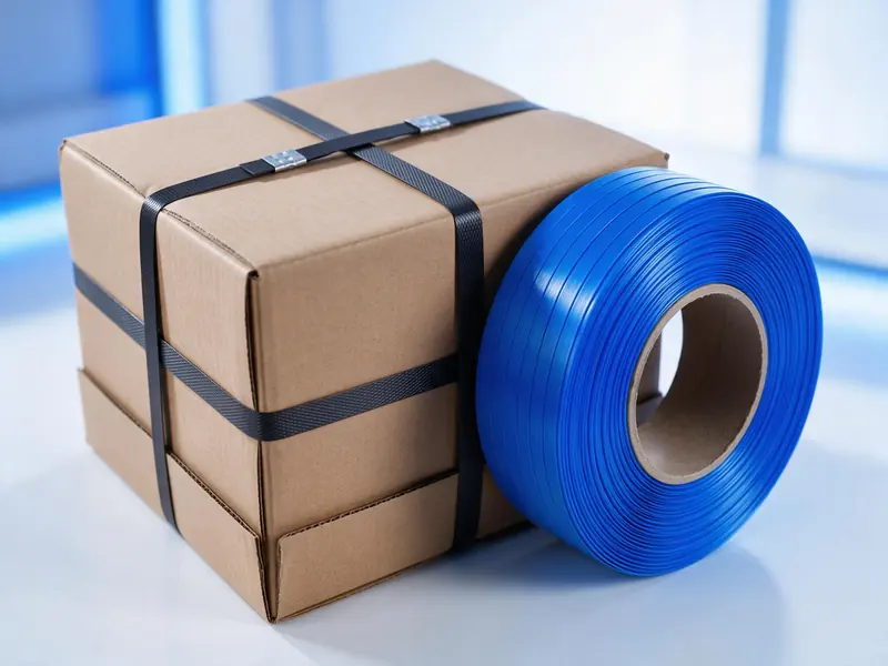 Caja asegurada con fleje negro junto a un rollo de fleje azul