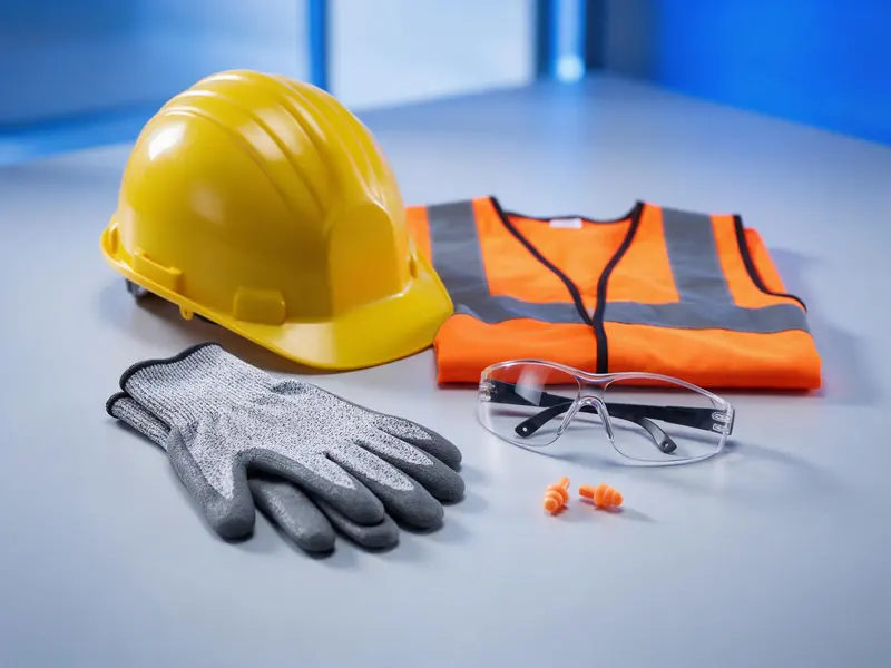 Casco, chaleco, guantes, lentes y tapones de seguridad industrial
